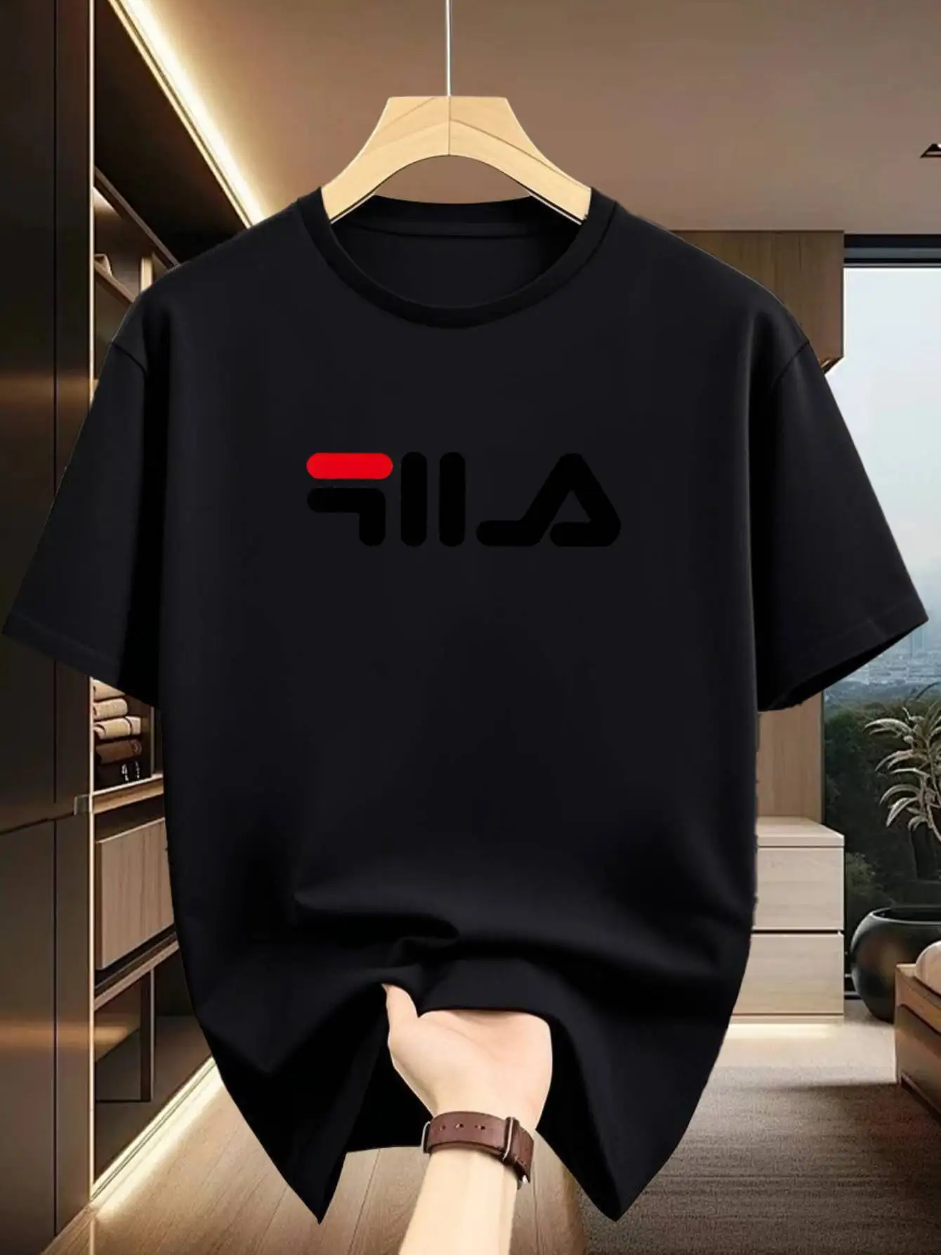 Stylized Geometric Letter Print Tee 100% Cotton Men's T-shirt Summer Daily Wear Sleek Casual Urban Sport-Inspired Tops