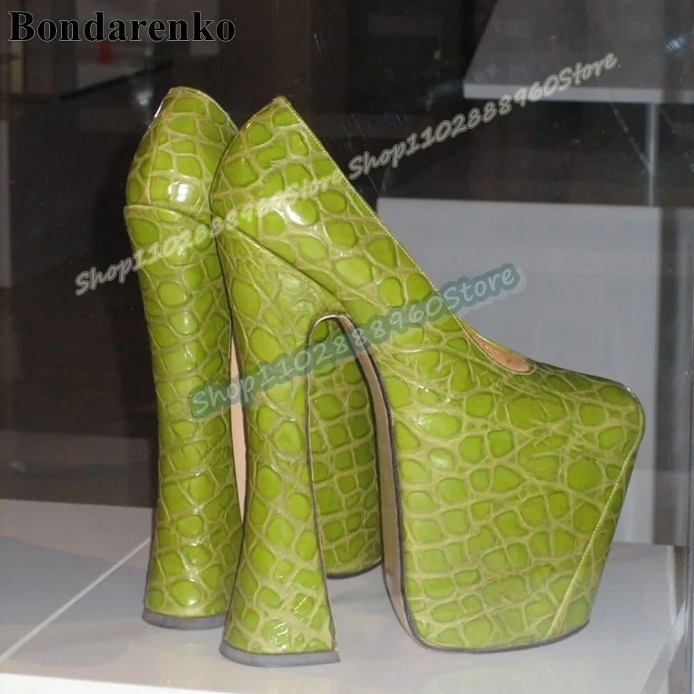 

Western Green Shallow Platform Leather Pumps Strange Style Heel Shoes For Women Slip On Pointed Toe Stylish Zapatos Para Mujere