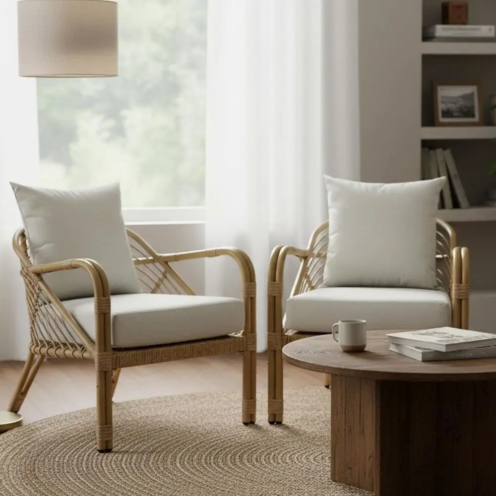 

Pair of Bohemian Braid Mid-Century Modern Accent Chairs with Metal Arms and Pillows, Ideal for Reading, Beige