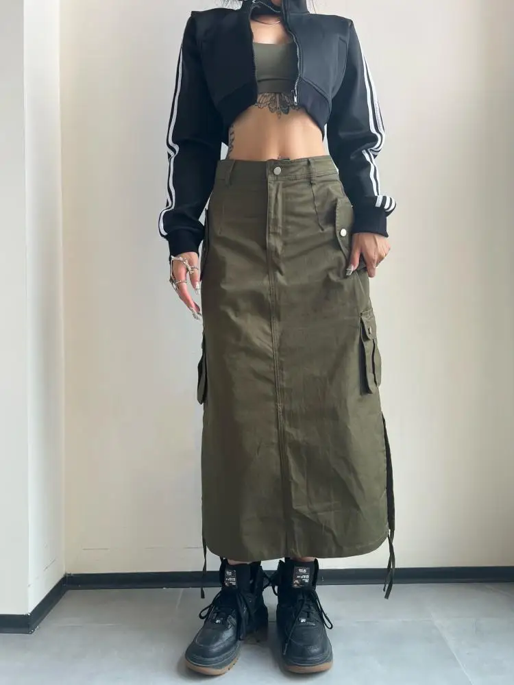 

Fashion Long Cargo Skirt Women Y2k Streetwear Vintage Pocket High Waist Side Split Shirring Casual Straight Midi Skirt Korean Fa