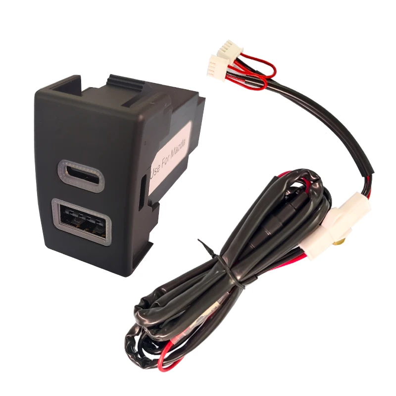 Red Light Car Charger QC3.0 USB Interface TYPE-C PD Dual Socket Fuse Box Adapter with Wire for Mazda 3 5 6 MX-5 RX-8 CX-7