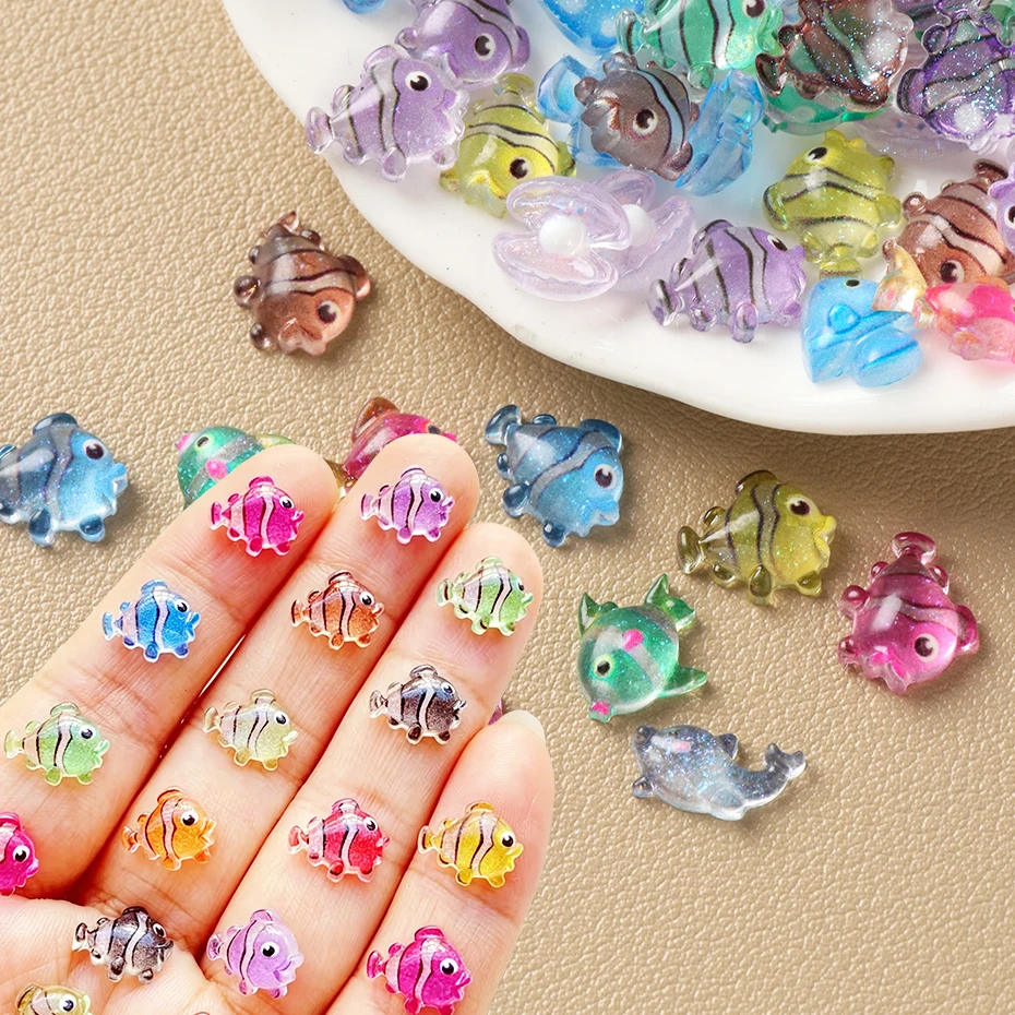 30/100pcs Resin Cute Mini Colored Crystal Fish, Shells, Dolphin Nail Art Charms Flat Back Summer DIY Nail Decorations Suppies