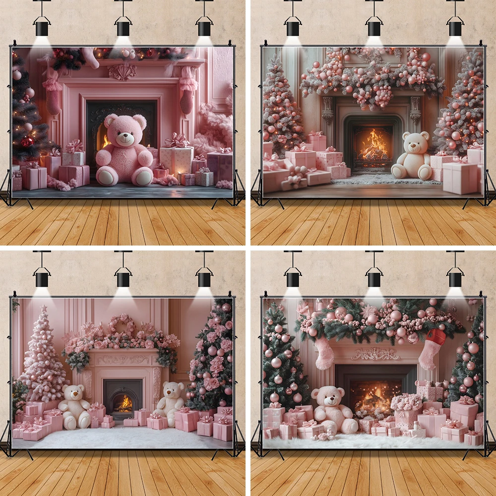 

Pink Tree Christmas Fireplace Photography Background Cute Teddy Bear Christmas Holiday Party Photo Banner Photo Studio Backdrop