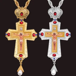 Collar con colgante de oro, cruz Pectoral, crucifijo, cristal transparente para la oración de la Virgen María, Jesús, cadena, icono religioso y ortodoxo