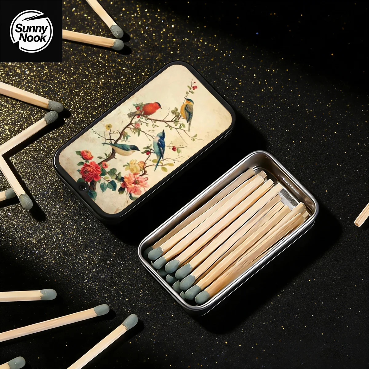 Oriental Garden Match Box, Flower Bird Peony Pattern, Holds 20 Matches, Exquisite Gift & Trinket Storage (No Matches)