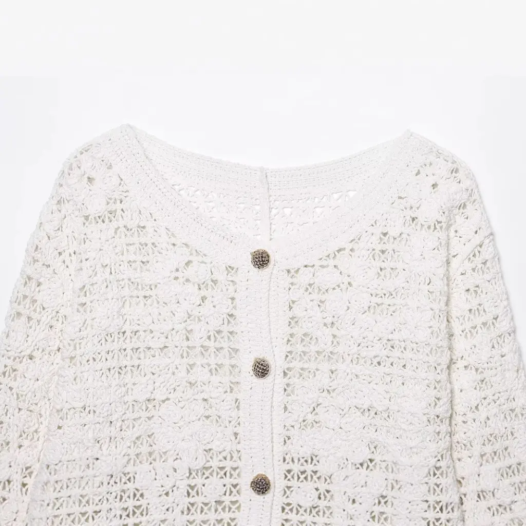 

Women's Buttoned Crochet Jacket European American Style round Neck Long-Sleeved Casual Versatile Thin French Style Top