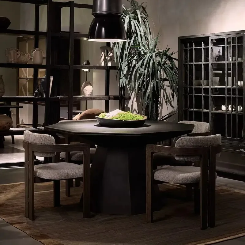 Modern luxury solid wood black round dining table, suitable for family villas or halls