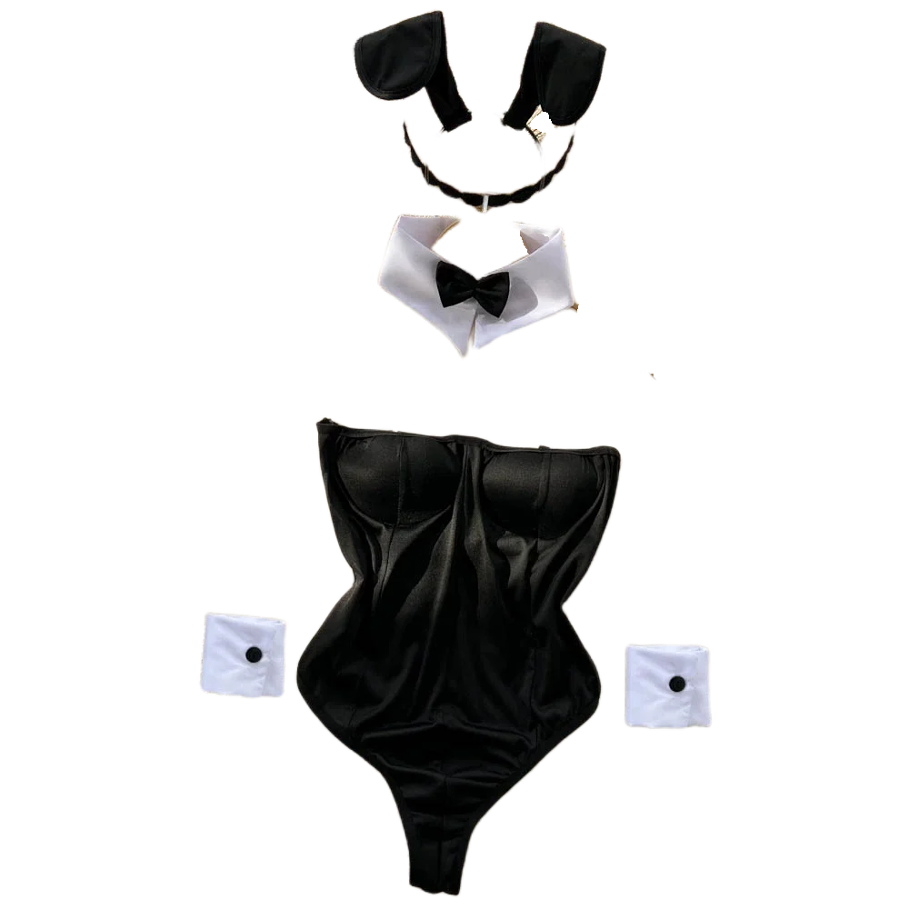 Women Hotsweet Bodysuit Black Cute Slimming Sexy Bow Tie Strapless Pad Solid Color Female Cosplay Bunny Girl Party Club Rompers