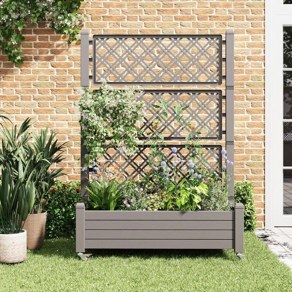 Resin Raised Garden Bed with Trellis and Wheels - Plasitc Planter Box with Trellis Outdoor with Drainage Holes & Water Monitor o