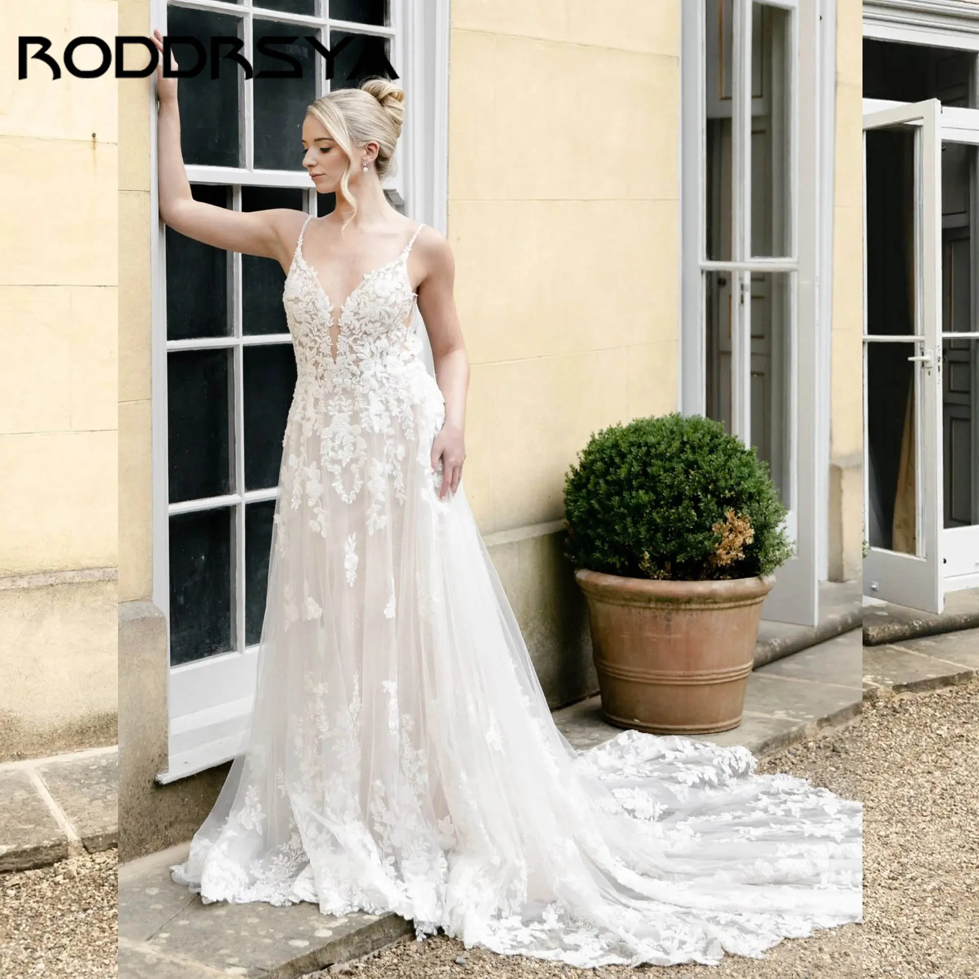

RODDRSYA A-line Tulle Wedding Dress Luxury V-neck Spaghetti Straps Bridal Gowns Appliques Romantic vestidos de novia Customized
