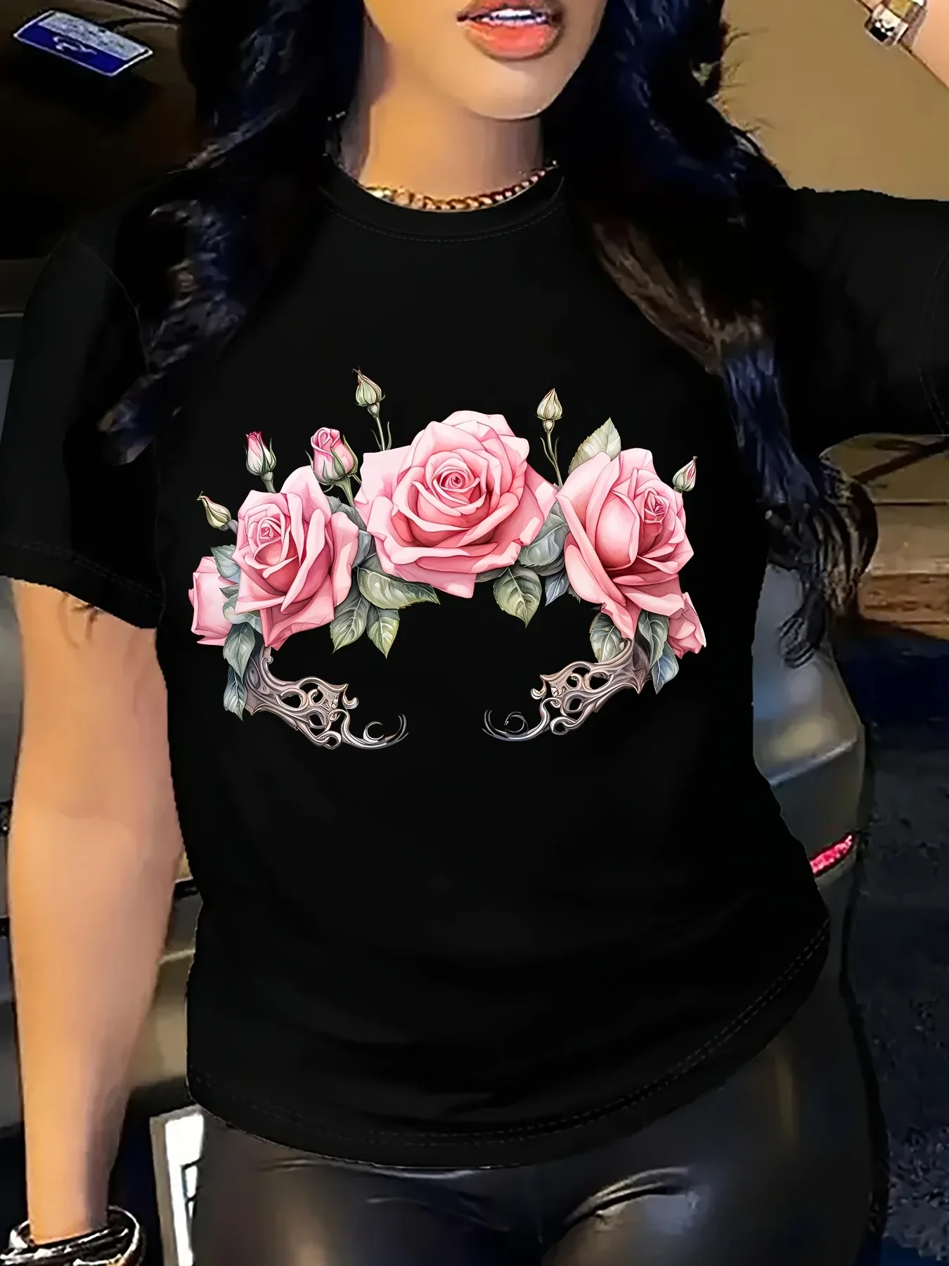 

Polyester Knit Fabric Regular Length Breathable Comfortable All Seasons Women'S Floral Rose Print T-Shirt Casual Crew Neck Tees