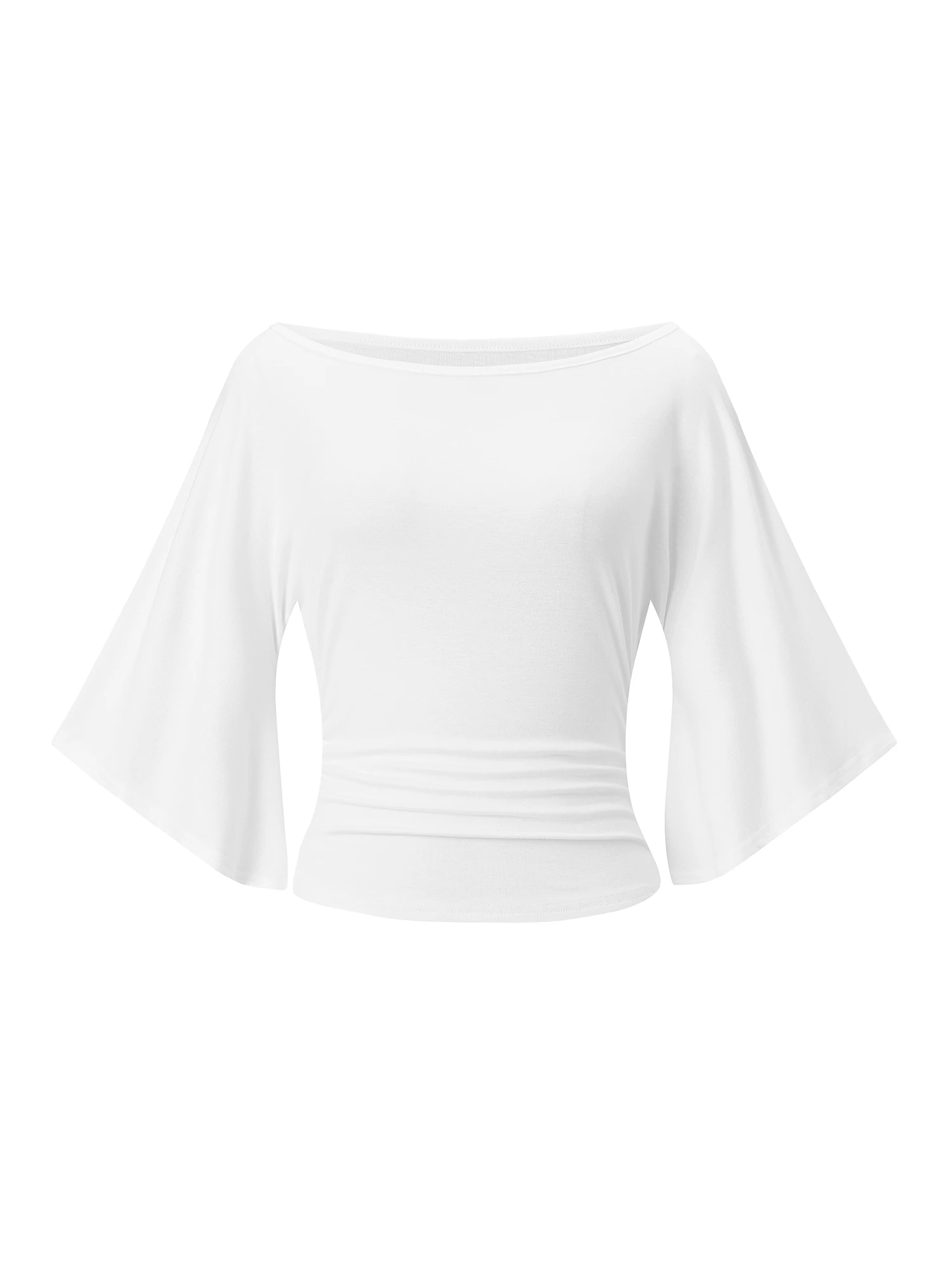 Damen-Sommer- und Herbst-Crop-Tops mit freiem Schulterbereich und Glockenärmeln, einfarbige T-Shirts – Detail 6
