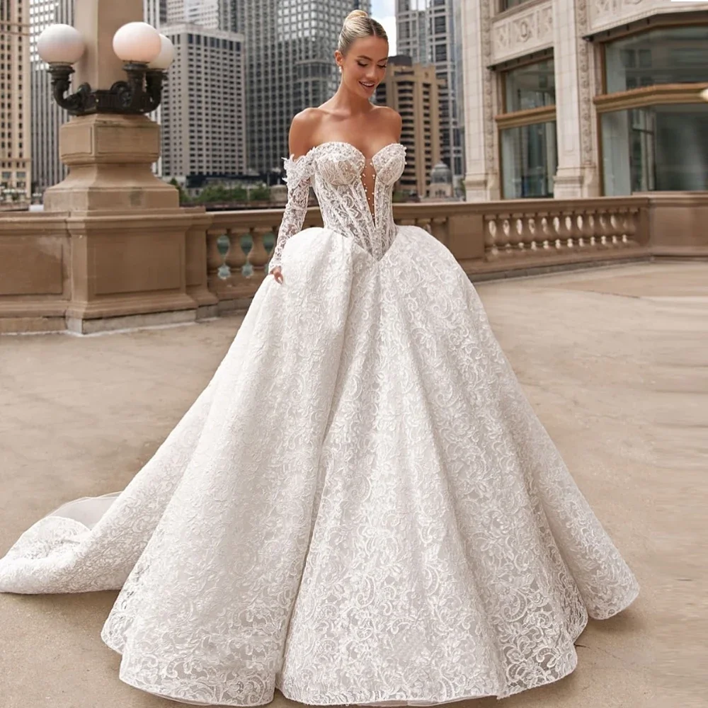 

Firstwhite Luxury Wedding Dresses A Line Women's Lace Bride Gowns Sweetheart Long Sleeve Backless Vestidos De Novia Customized