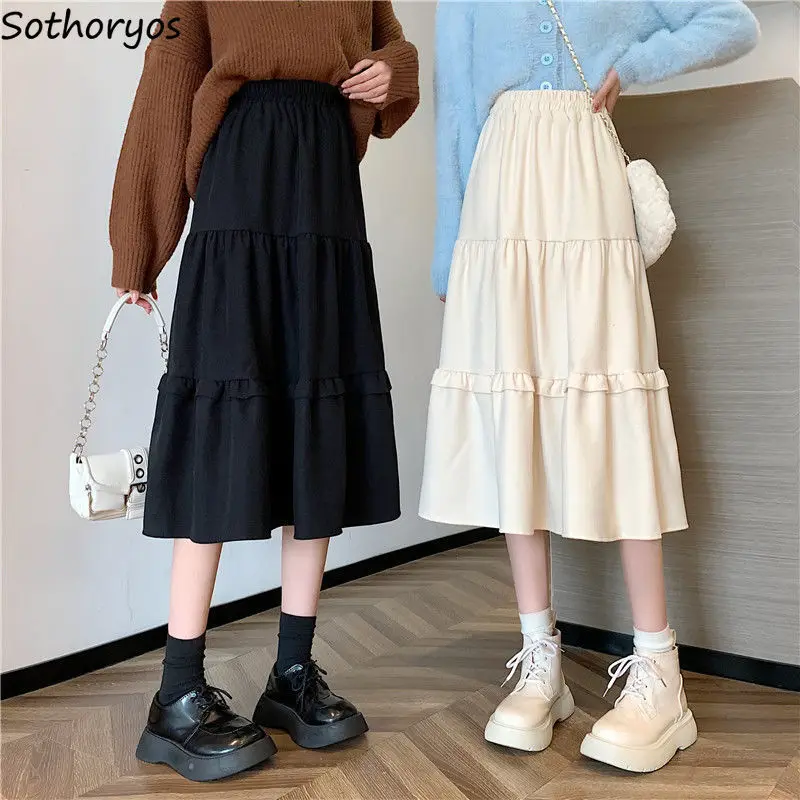 

Skirts Women Solid Elastic Waist Folds Design Leisure All-match Korean Style Student Simple Fashion Lovely Autumn Soft Daily New