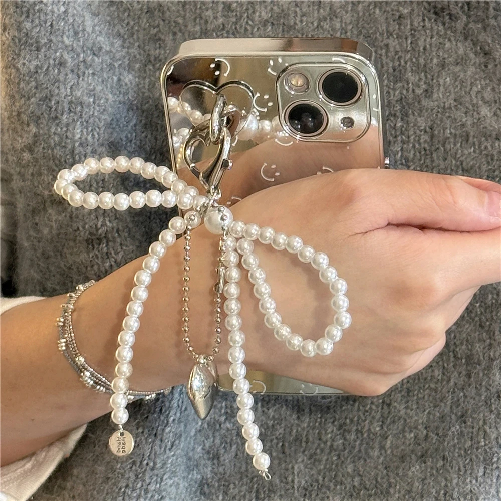 Korean Cute Bow Pearl Phone Pendant Chain Y2K Heart Charm Strap Phone Accessories for iPhone Samsung Camera Bag Keychain Airpods