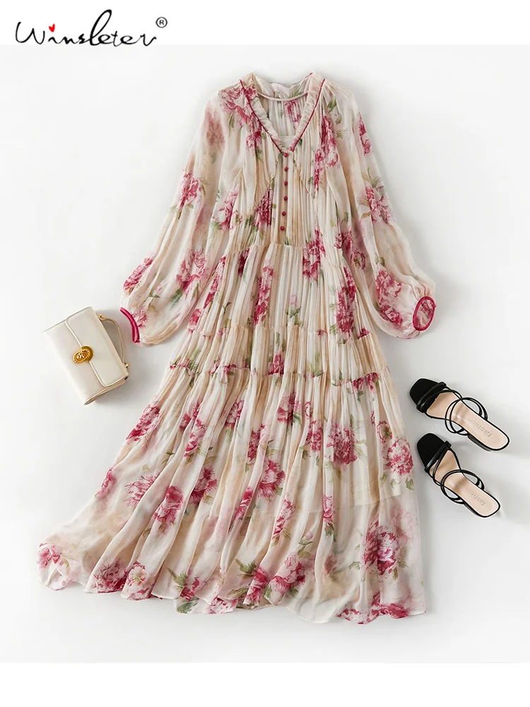 

Winsleter,Autumn 100%Pure Mulberry Silk Dress,Office Beach Maxi Dresses,Button V Necks Floral Print Long Sleeve,D36254JM