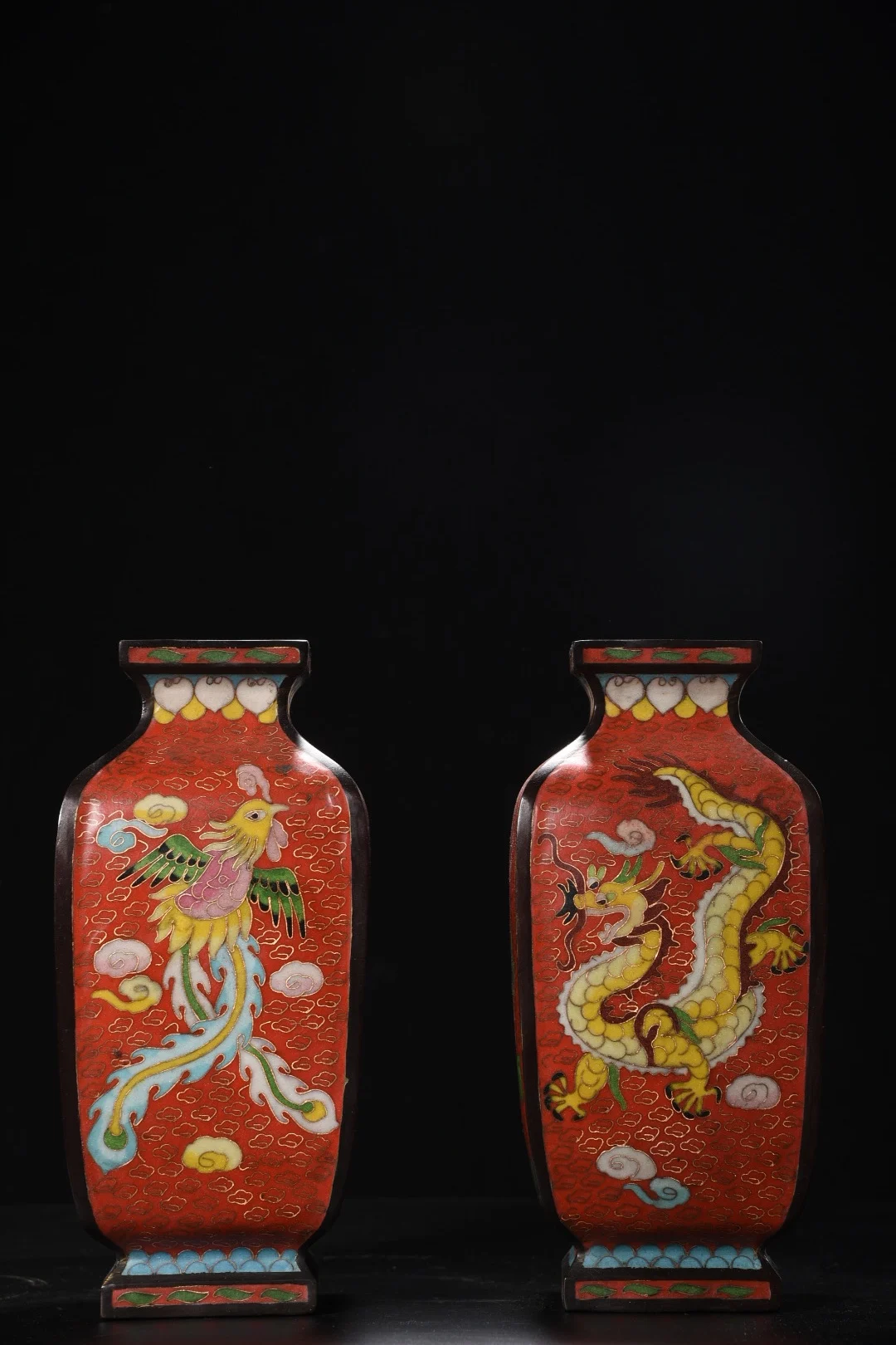 

10"Tibetan Temple Collection Old Bronze Cloisonne Enamel Dragon Phoenix Pattern Vase Square Bottle Amass wealth Ornaments