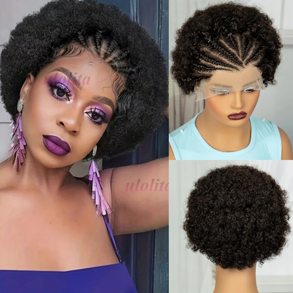 

1B 6Inch Afro Kinky Curly Human Hair Wig with Braids 250% Density 13x4 HD Transparent Lace Front Curly Short Bob Wigs for Women