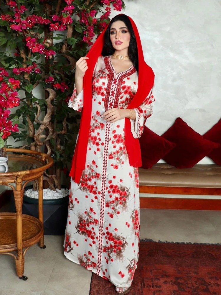 Eid Spring Floral Print Muslim Abaya Dress with Scarf Women Diamond Dubai Arab Turkey Morocco Kaftan Islamic Gown Robe Vestidos