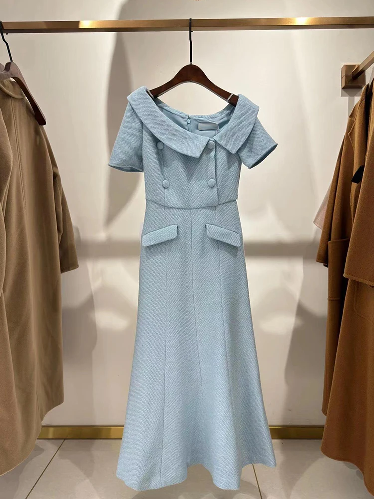 

Sle Long Dr Turn-down Collar French Sle A-Line Skirt ort Sve High Waist Spring Summer Autumn Faion