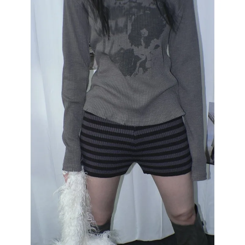 Modieuze retro gesplitste gestreepte stretch slanke elastische hoge taille gebreide casual veelzijdige gepersonaliseerde shorts voor dames