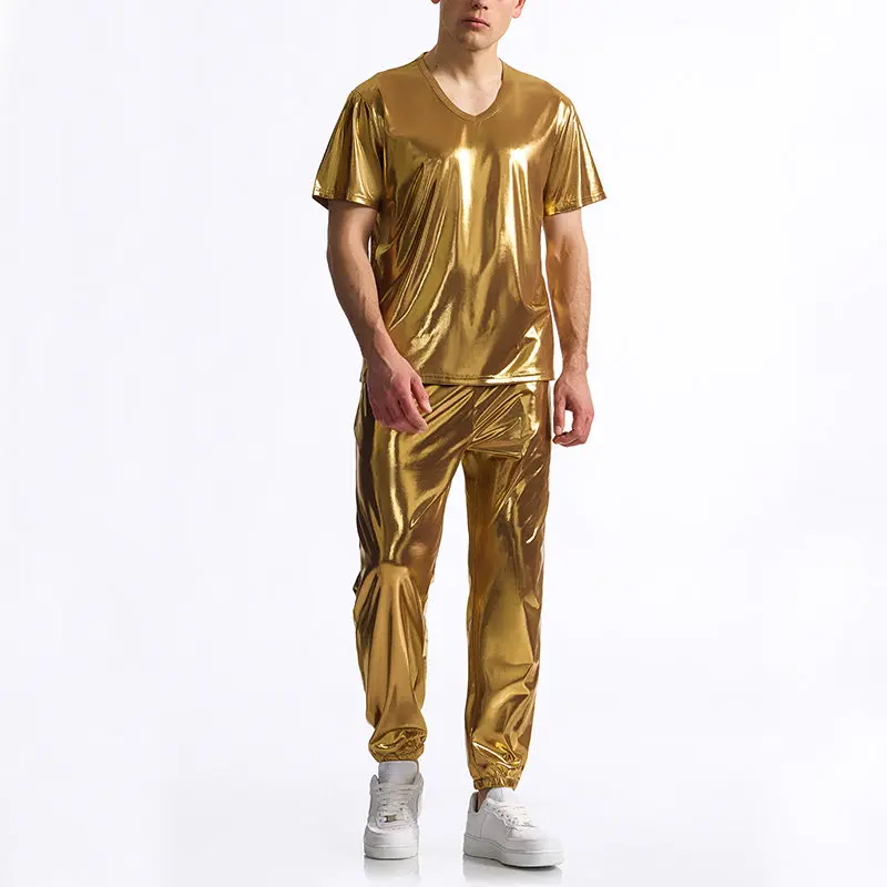 

2026 Men's Disco Shiny Gold Short Sleeve T-Shirt & Pants Set, Retro Party Jumpsuit, Trendy Two Piece Outfit for Night Club