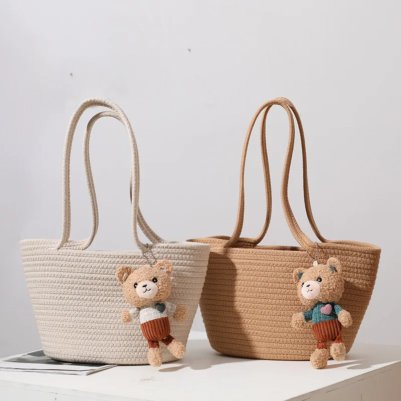 Women's Summer Street Fashion Cotton Straw Woven Shoulder Bag Tote Handbag Cotton Thread Bucket Bags Small