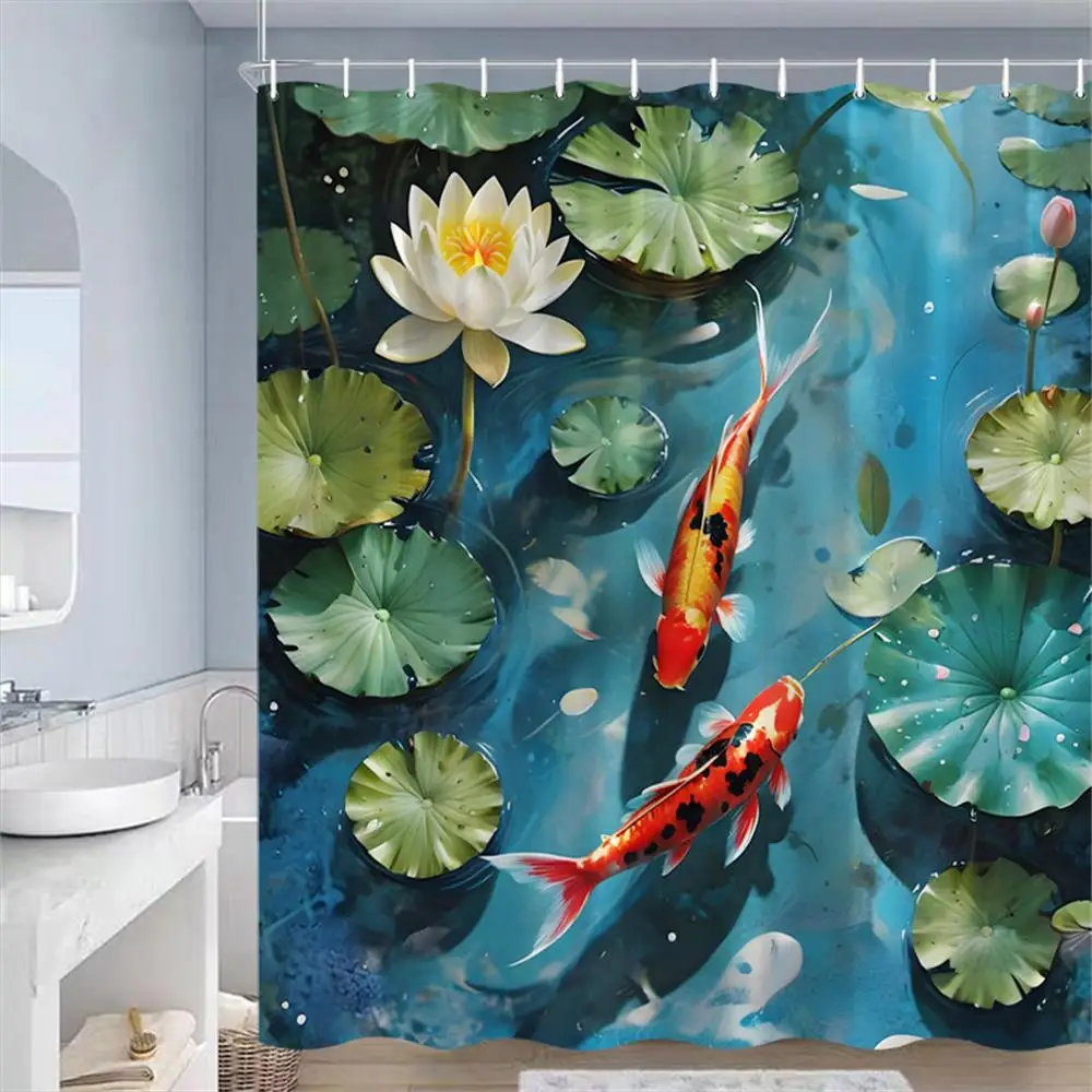 Chinese Style Carp Shower Curtain Lotus Flower Green Leaves Koi Fish Asian Art Bath Curtains Polyester Bathroom Decor with Hooks