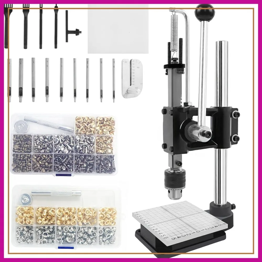 

Leather Press Machine, Hole Puncher for DIY Craft, 400Pcs Grommet Set, 9 Punches, Stitching Prongs, Rivets