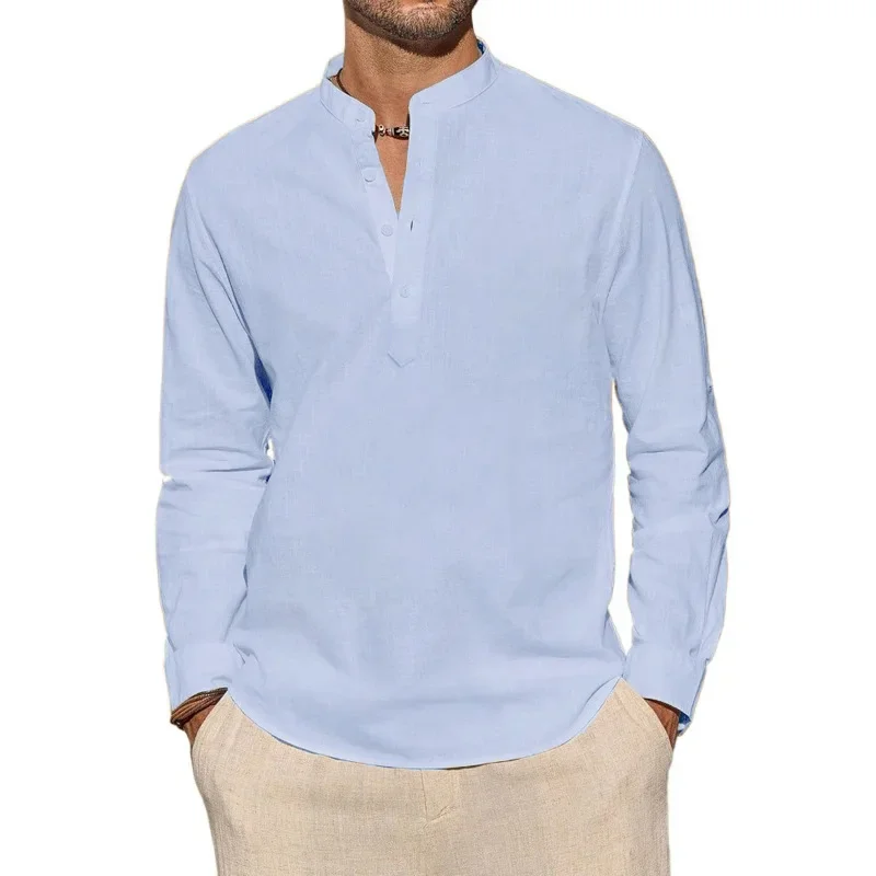 メンズ長袖Tシャツ カジュアル 軽量 通気性 ヘンリーネック 無地 トップス ハワイアン バケーション ビーチスタイル ボタンポロ