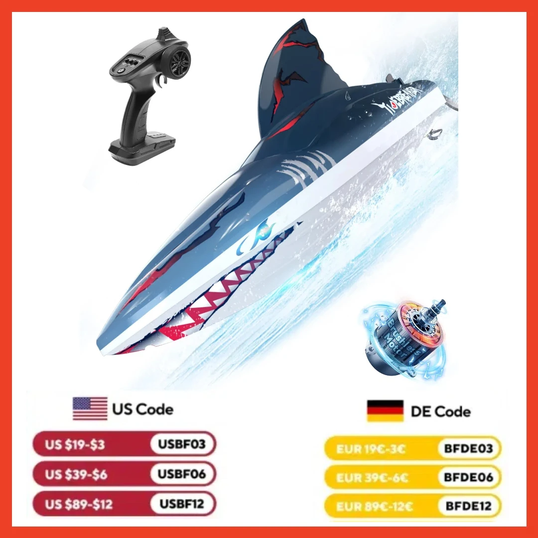 DEERC RC Shark Boat DE 2104 SHARK 48+ km/h, 3S Speed, Self-Rising, 2.4 GHz, LED Lights, Summer Gift.