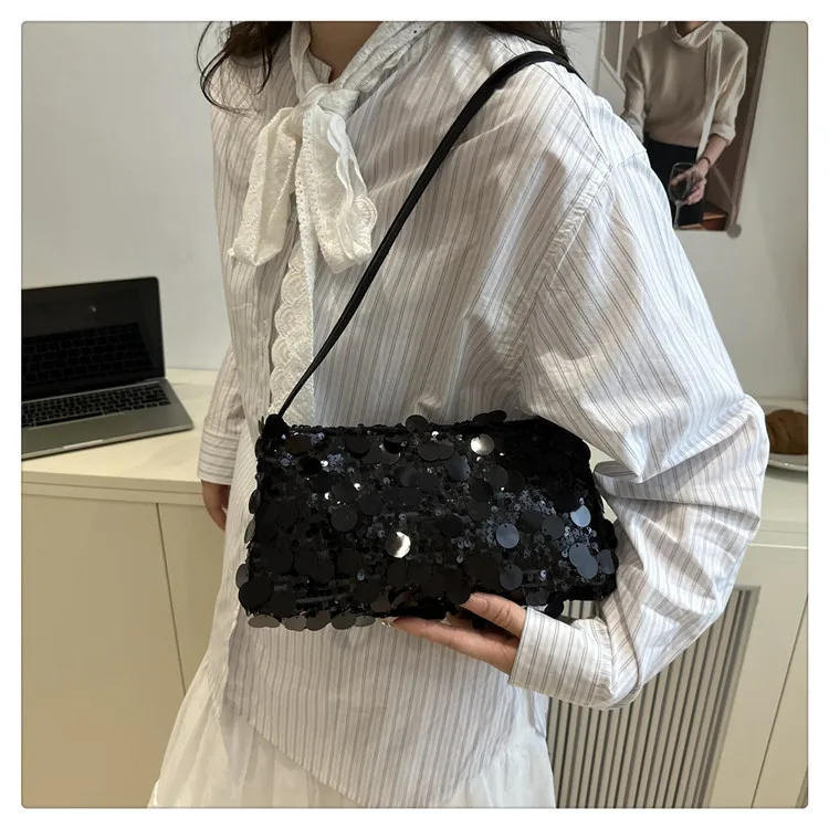 Neue Pailletten-Abendtasche, Schultertasche für Damen, leicht, tragbar, Damen-Umhängetasche mit Riemen, einfarbig, modische Handtasche für Frauen. – Detail 22