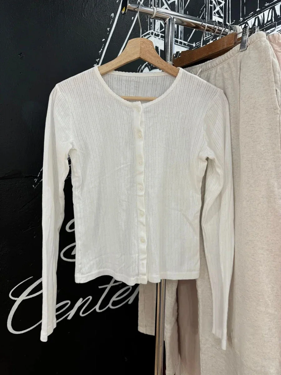 T-shirt a maniche lunghe lavorata a maglia con occhielli da donna Cardigan estivo Casual o-collo monopetto Solid Smock Vintage Sweet Tee Tops Y2k