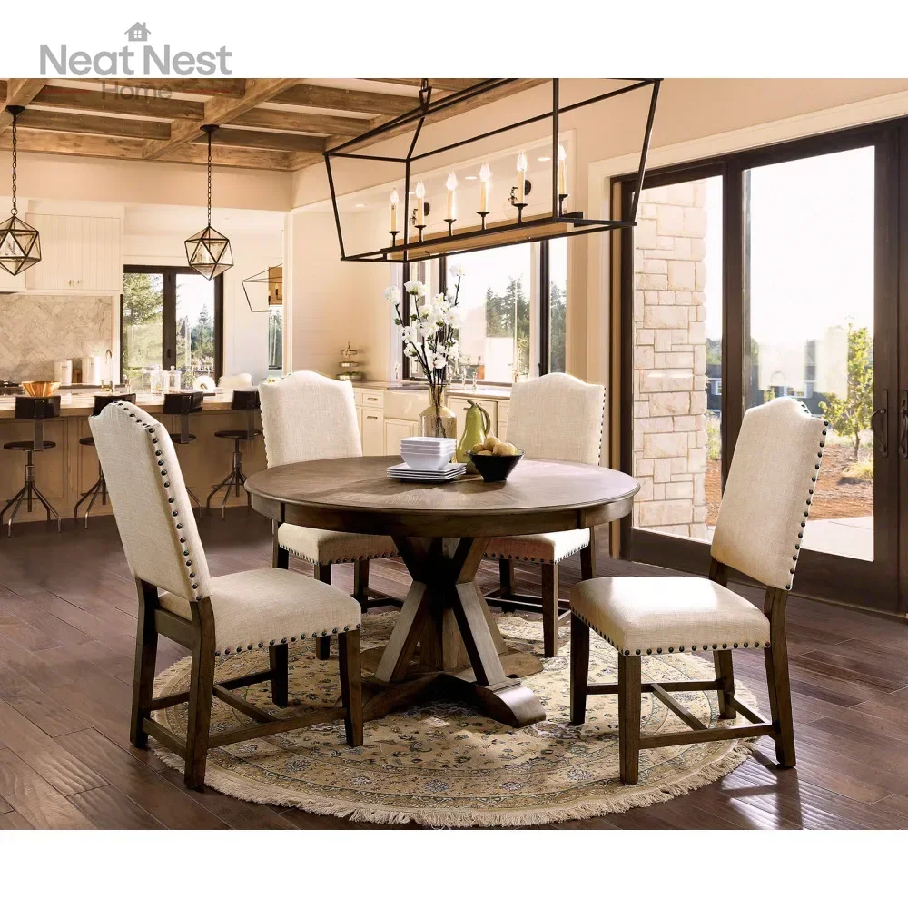 

Light Oak Dining Room Round Table Chairs 5pc Dining Set Beige Fabric Upholstered Dining Room Furniture,dining table set 4 chairs