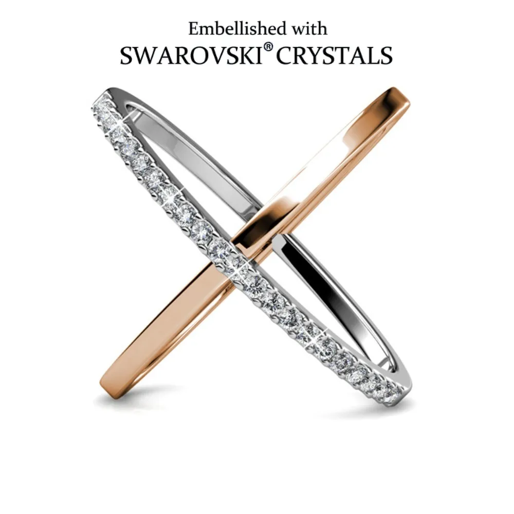 Daisini Cross Ring, Embellished with Swarovski Crystals, Double Color Design Ring, Engagement Wedding Band Fashion Jewelry