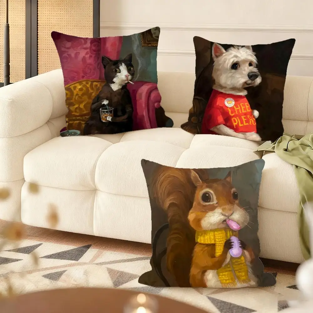 Vintage Funny Puppy Eating Cushion Cover Soft Short Plush Pillow Cover Smooth Cozy Texture Aesthetic Cushion Case Home Decor