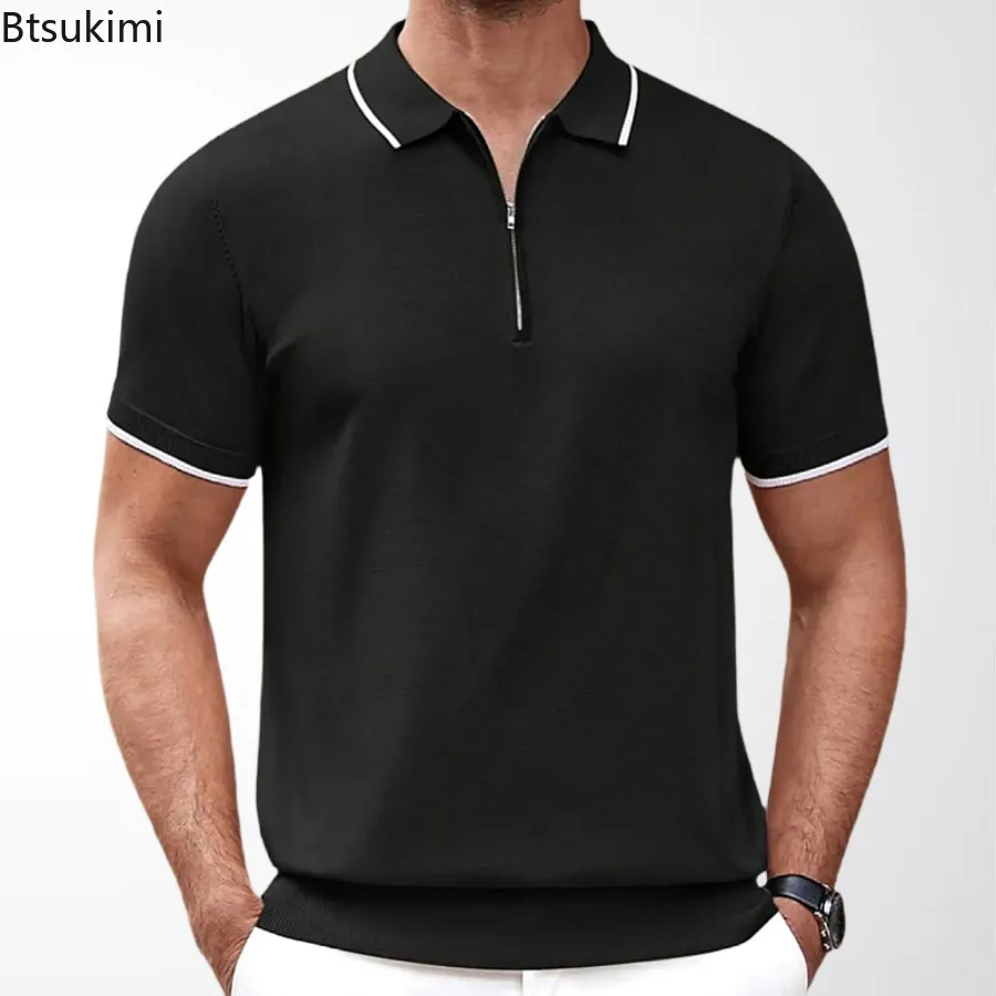 2026Men's Summer Knitted Polo Shirts Zipper V-neck Formal Business Solid Short Sleeve T-Shirt Casual Breathable Shirts Tops Male