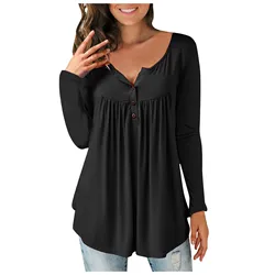 Women's Casual Loose Solid Color Long-sleeved Loose  Button Pleated Top Women's t-shirt Top female Women clothing Top women