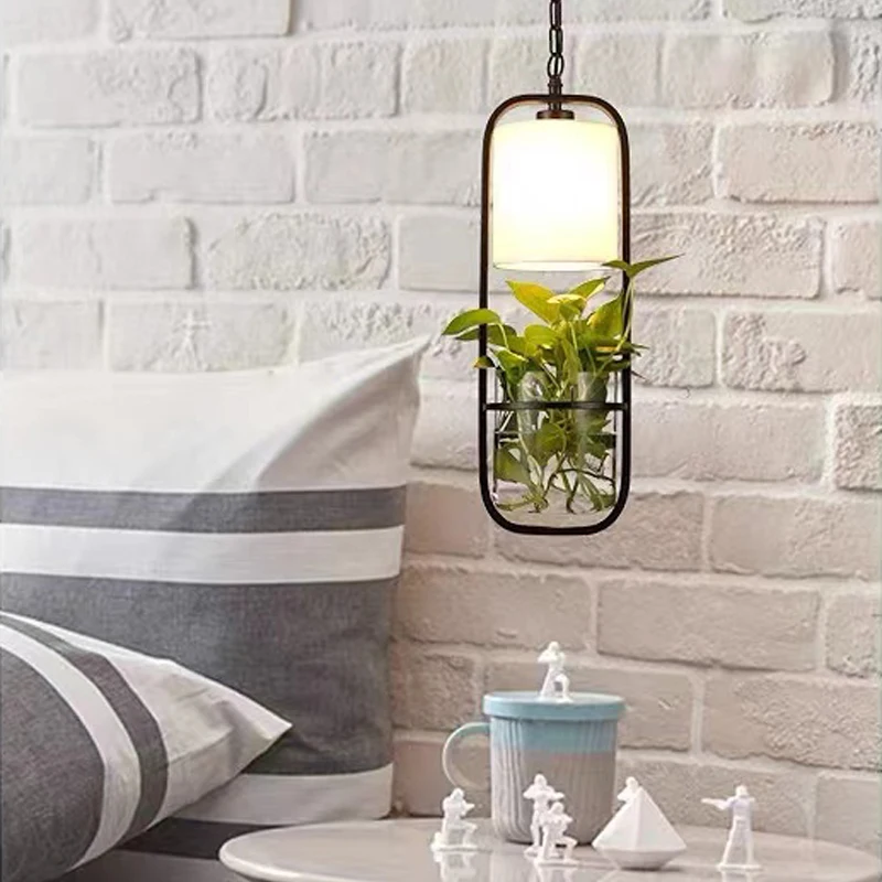 

Green Plant pendant lamp black iron cage Glass Cloth lampshade droplight Hydroponic plant light fixtures Restaurant hang lamp