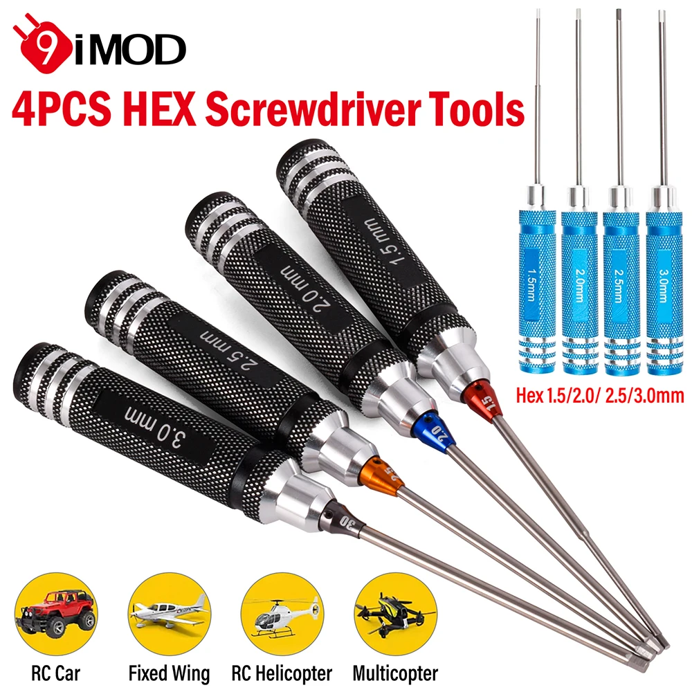 

RC Hex Driver Set 4pcs 1.5mm/2mm/2.5mm/3mm Steel Screwdriver Tool with Hex Wrench Collar Set for RC Helicopter Car Drone Boat