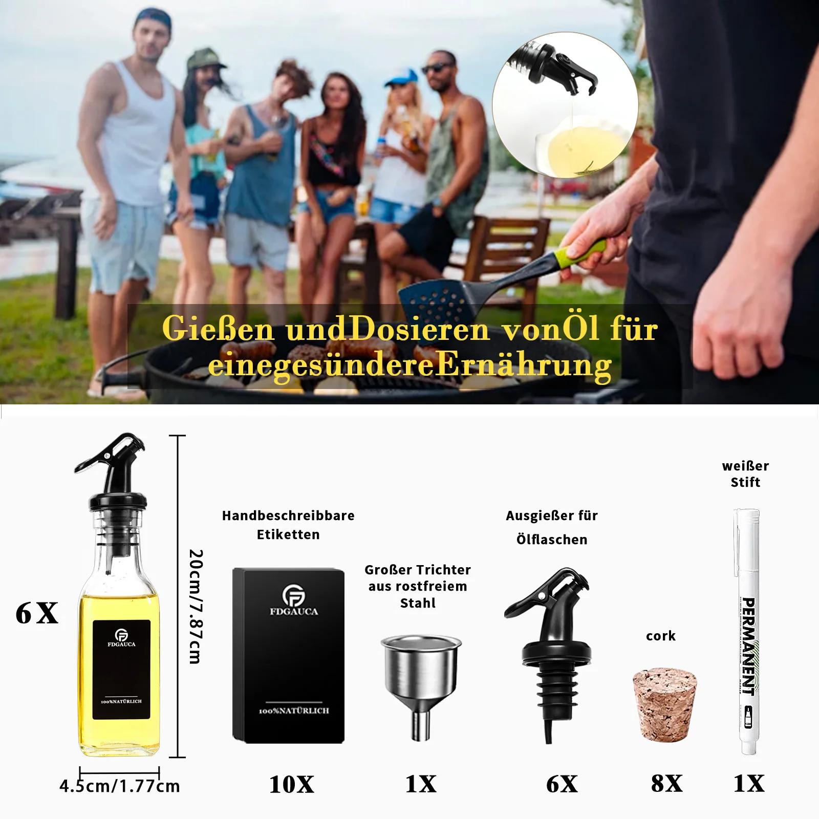160 ml Ölflasche aus Glas, auslaufsicher, für die Küche, Gewürze, Sojasauce, Essigflasche, transparente Olivenölflasche mit schwarzen Etiketten – Detail 2
