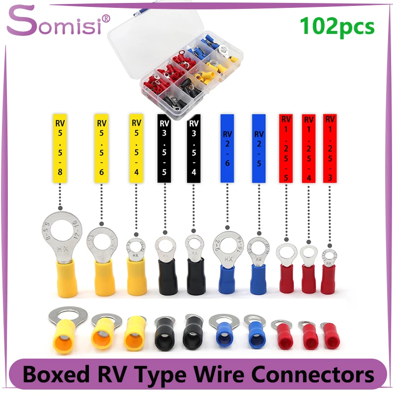 

Boxed 102pcs RV Insulated Ring Terminals Electrical Wire Crimp Connector Kit Set Copper Wire Cord Pin End Butt Terminal Block