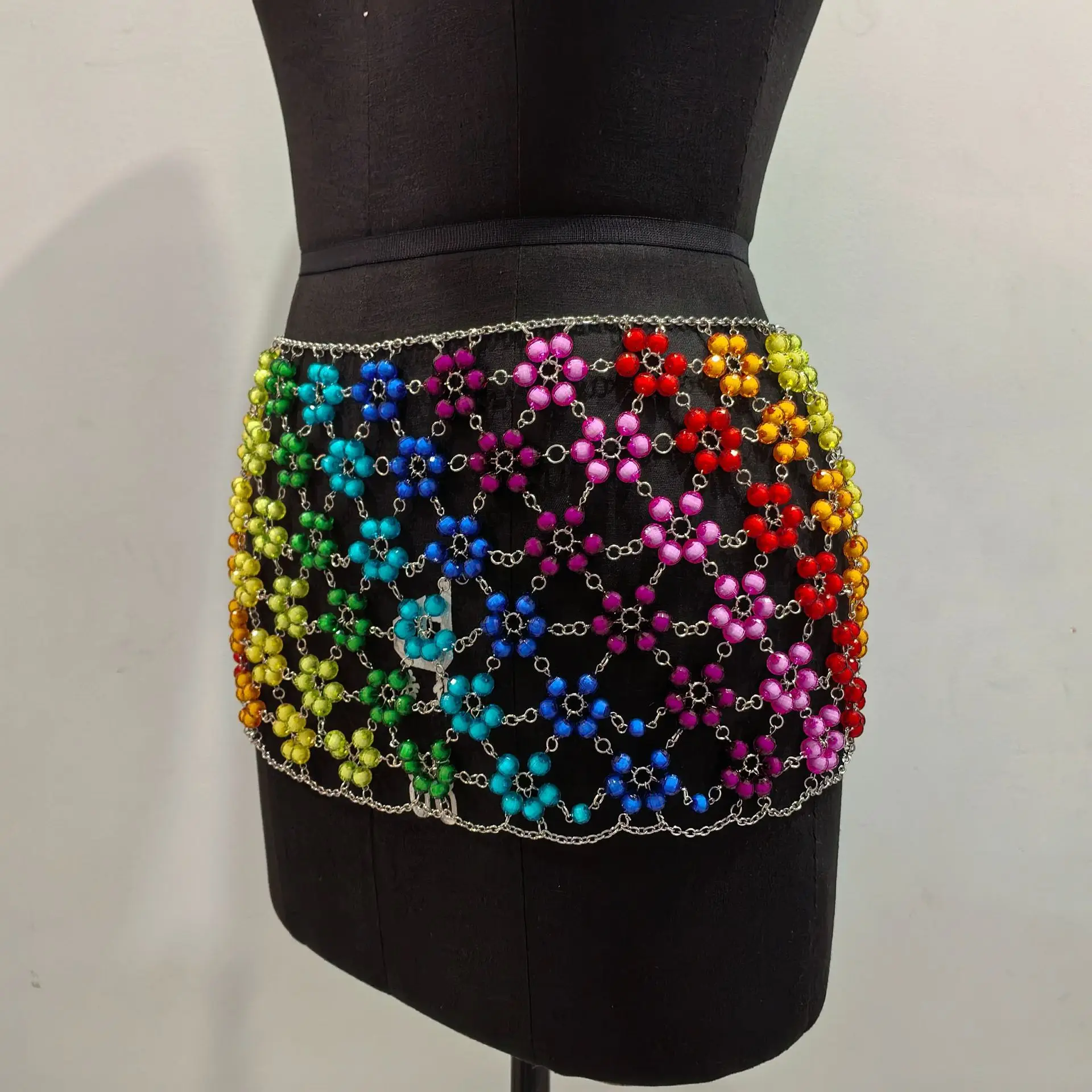 Handmade Shiny Rainbow Flower Beaded Skirt Female Party Rave Mini Skirts Sexy Body Jewelry Beach Bikini Accessories Waist Chain