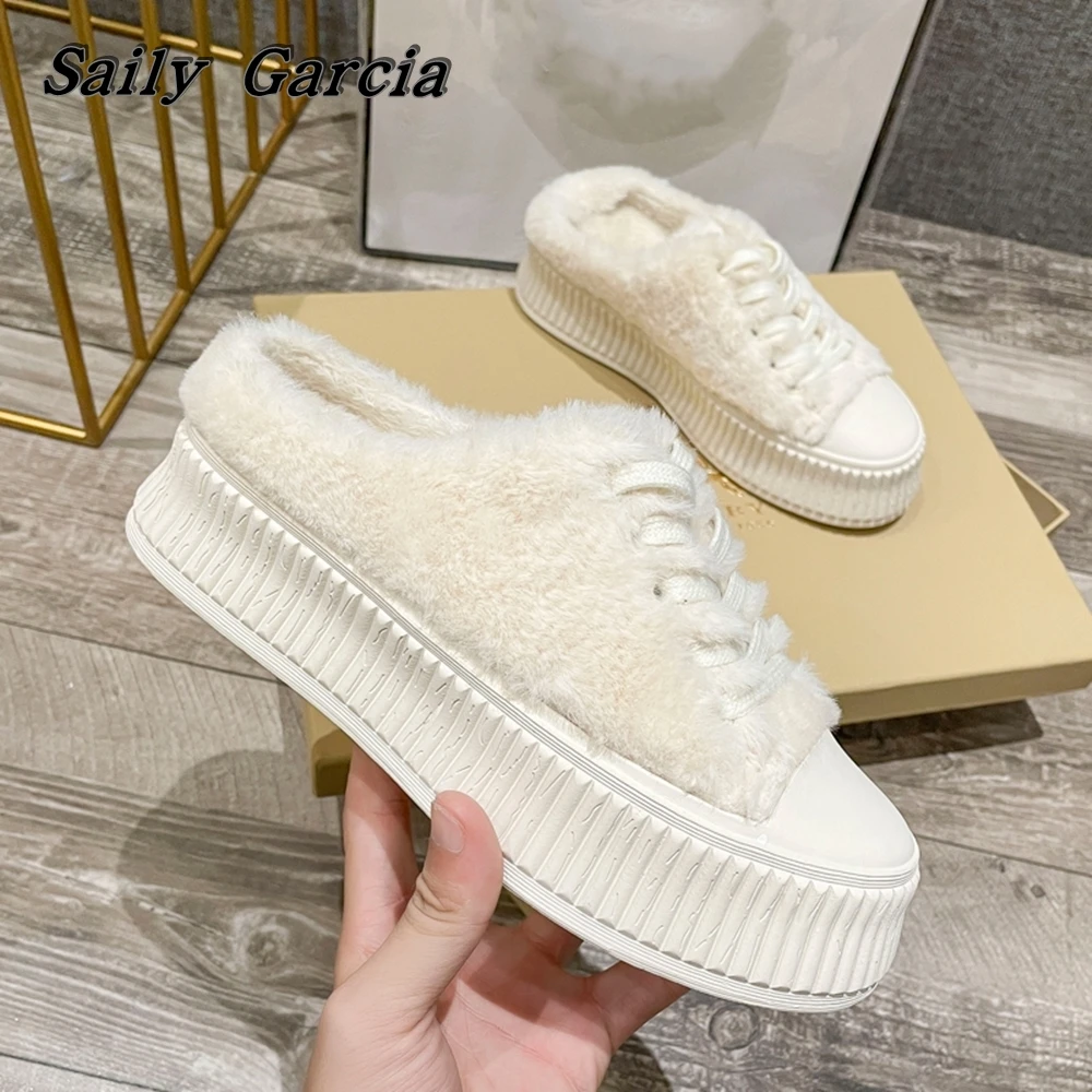 Round Toe Solid Fur Short Plush Lace Up Flat Shoes Winter New Waterproof Thick Sole Vulcanized Shoes Solid Casual Women Shoes