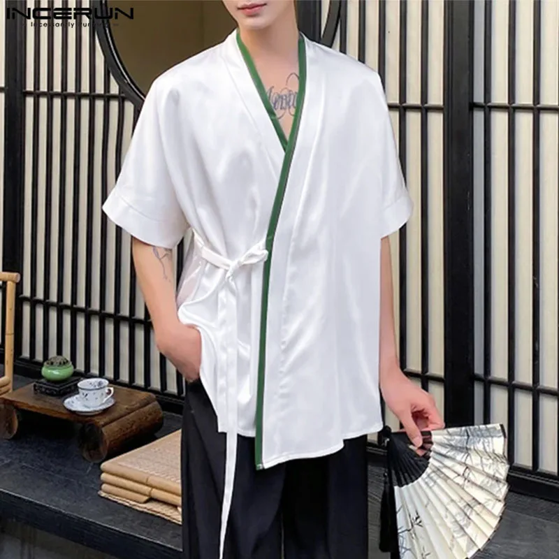 

Fashion Casual Style Tops INCERUN Men Simple Splicing Line Side Strap Design Shirts Clubwear Short Sleeved Cardigan Blouse S-5XL