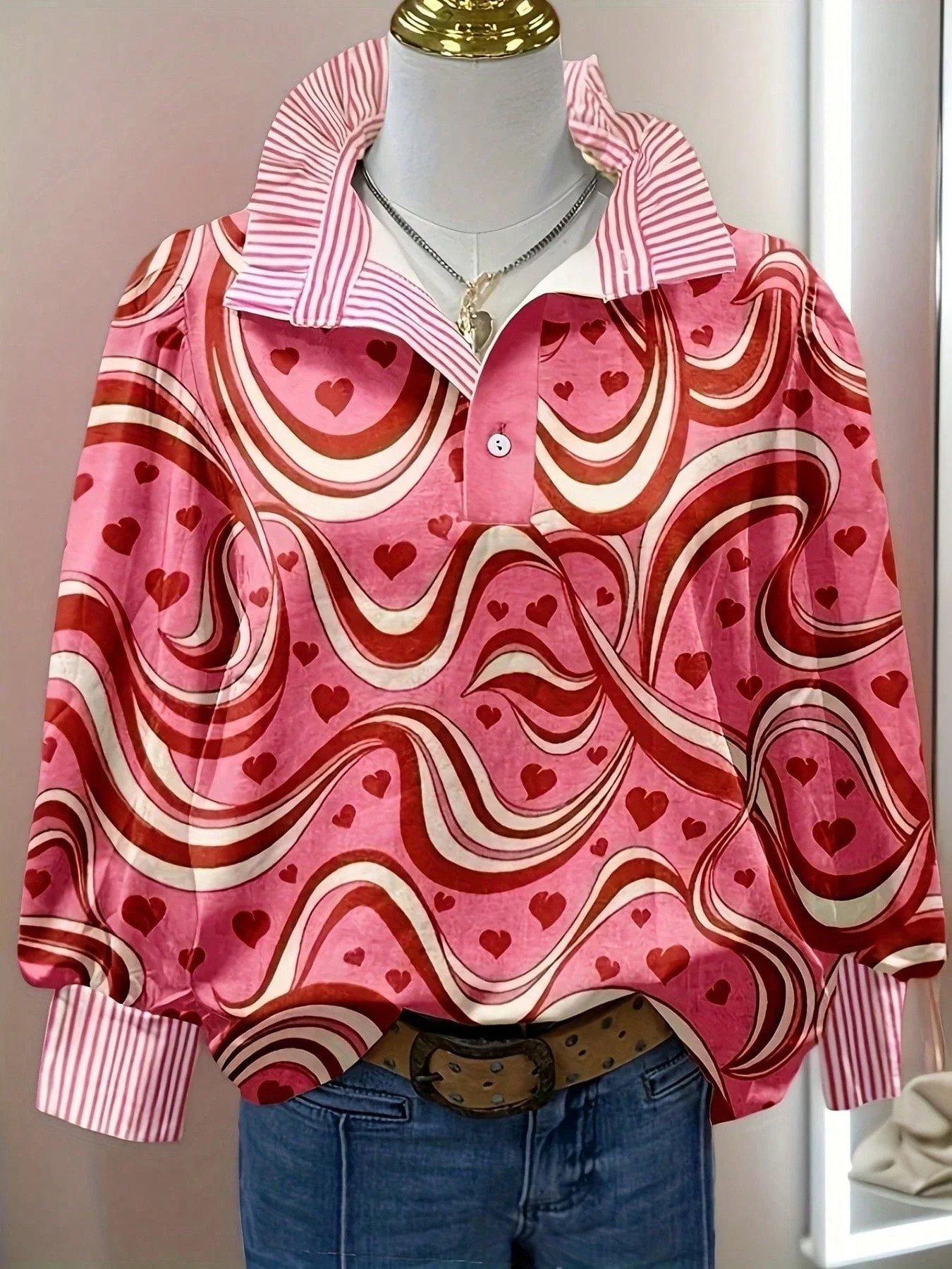 

Vintage Heart Print Striped Long Sleeve Loose Blouse
