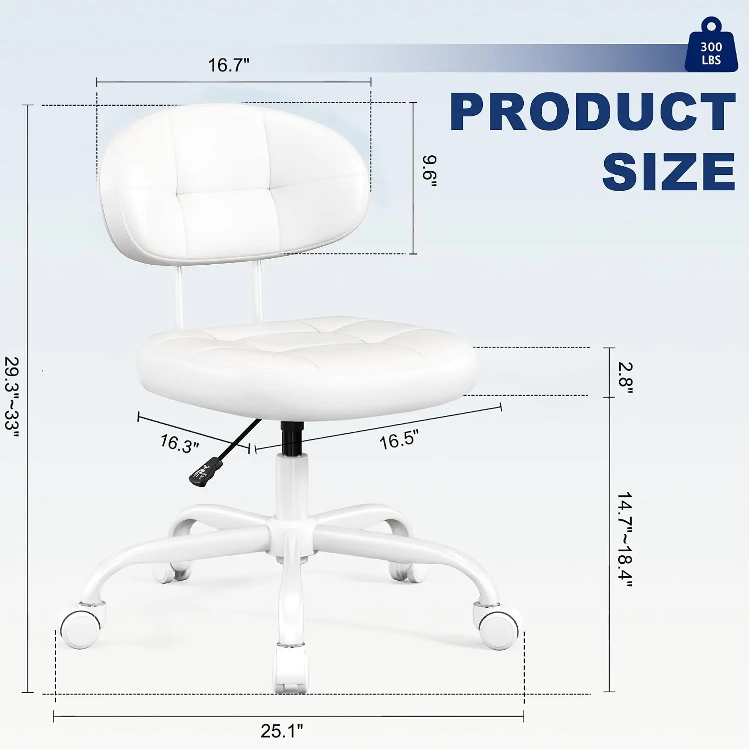 Vanity Chair with Back, Small Armless Cute office Chair with wheels and Lumbar support, Comfy PU Leather Desk Computer Chairs with Adjustable Height, 360°Swivel for Home Bedroom Office, White