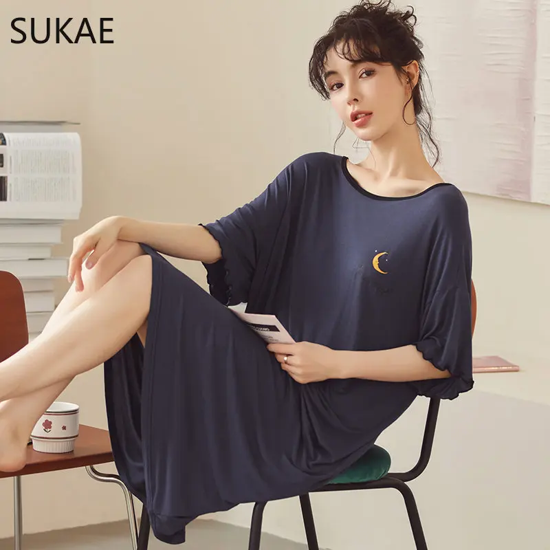 SUKAE M-5XL Cool Modal Summer Night Dress Women Plus Size Short Sleeves Sleepshirt Woman Sleepwear Unique Design Pajama Dressing