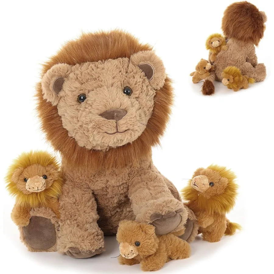 

4Pcs Lion Plush Toy 17.7 Mother Lion Stuffed Animal with 3 Cute Baby Lions Wild Animal Stuffed Toy for Boys Girls Safari Animal