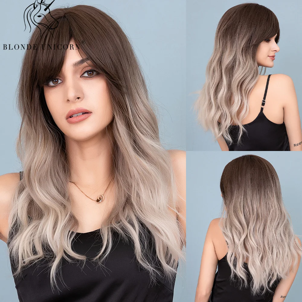 Blonde Eenhoorn Lange Bruine Synthetische Pruik Golvende Pruiken Met Pony Dagelijks Cosplay Party Gebruik Hittebestendige Vezel Haar Pruiken Voor Vrouwen